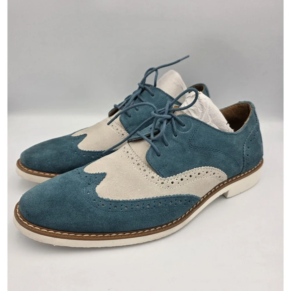 Stacy Adams Wingtips Suede Teal Green & Ivory Lace Up Oxfords Men's 8.5 Shoes